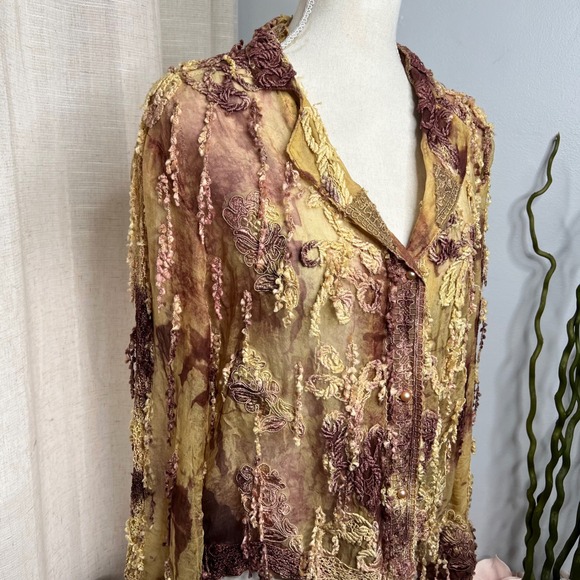 Sandy Starkman Tassle Applique Blouse Button Front Women's Size Medium Brown/Tan - Picture 3 of 9